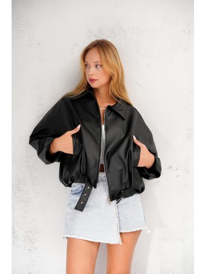 Orions Collection Oversize Bomber Kemerli Fermuarlı Deri Ceket