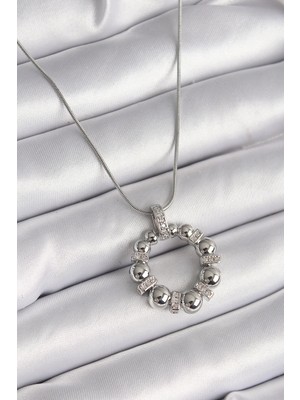 Moresun Buğz 316L Çelik Gümüş Renk Zincir Zirkon Taş Detaylı Bombeli Halka Model Kadın Kolye