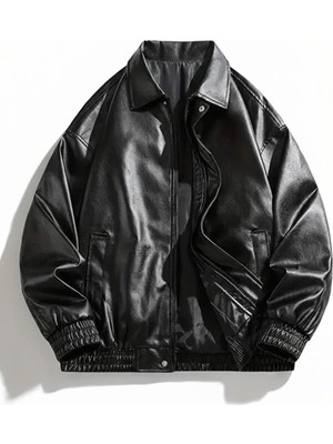 Orions Collection Unisex Oversize Vintage Siyah Deri Ceket Retro Stil, Günlük ve Trend Model