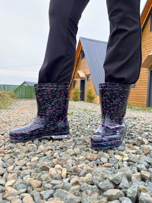 Kadın Renkli Desenli Su Geçirmez Kaymaz Taban Plastik Çizme