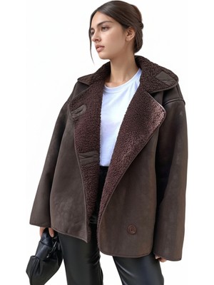 Orions Collection Else Acı Kahve Süet Dokulu Içi Peluş Kürklü Oversize Zr Model Mont Kaban