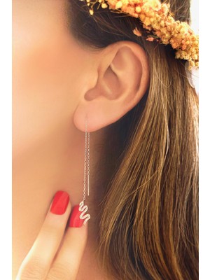 By Barun Gümüş Zincir Küpe Yılan Model Sallantılı 925 Ayar