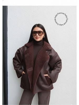 Orions Collection Oversize Kadın Kahve Düğmeli Süet Ceket Cepli, Trend Günlük Model