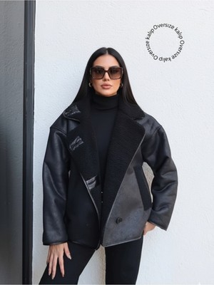 Orions Collection Oversize Kadın Siyah Düğmeli Süet Ceket Cepli, Trend Günlük Model