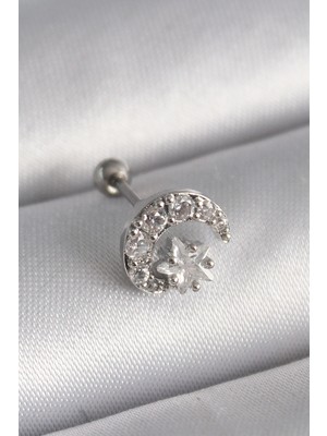 Moresun Buğz 316L Çelik Gümüş Renk Zirkon Taşlı Ay Yıldız Tragus Piercing