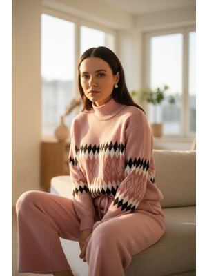 Mandala Tekstil Kadın Çok Renkli Rahat Kalıp Alt Üst Triko Takım