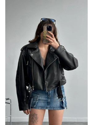 Orions Collection Yeni Sezon Oversize Kadın Siyah Biker Deri Ceket