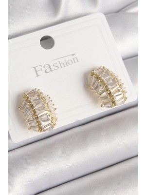 Moresun Buğz Pirinç Gold Renk Zirkon Taşlı Kaplumbağa Kabuğu Model Kadın Küpe