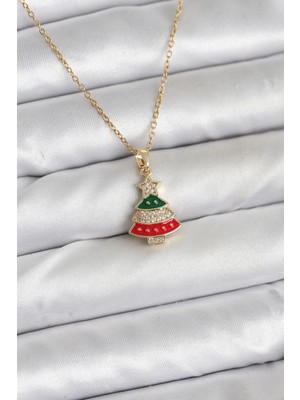 Moresun Buğz 316L Çelik Zincir Gold Ren Çam Ağacı Model Zirkon Taşlı Yılbaşı Temalı Kadın Kolye