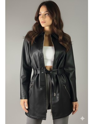 Orions Collection Kadın Siyah Uzun Deri Ceket