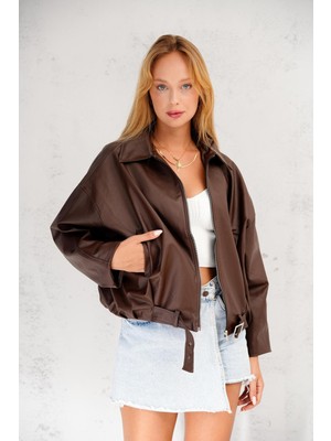 Orions Collection Oversize Bomber Kemerli Fermuarlı Deri Ceket