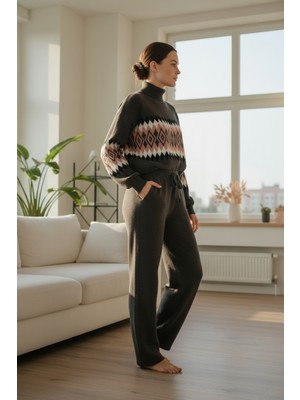 Mandala Tekstil Kadın Çok Renkli Rahat Kalıp Alt Üst Triko Takım