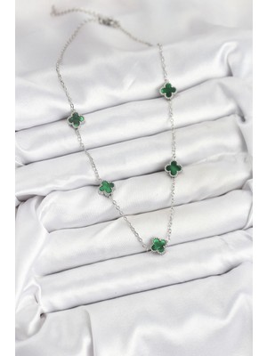 Moresun Buğz 316L Çelik Zincir Gümüş Renk Yeşil Baby Boy Yonca Kadın Kolye