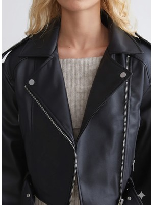 Orions Collection Deri Kadın Siyah Belden Kemerli Astarlı Deri Ceket