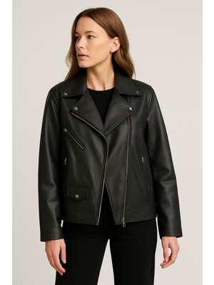Orions Collection Oversize Yeni Sezon P&b Kadın Siyah Deri Ceket