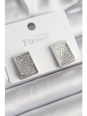 Moresun Buğz Pirinç Gümüş Renk Zirkon Taşlı Plaka Model Kadın Küpe