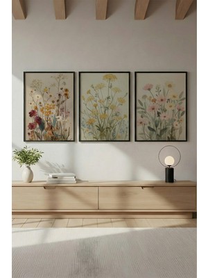 Huhuli Ahşap Siyah Çerçeveli 3'lü Wabi Sabi Koleksiyon Tablo Seti HUHU711