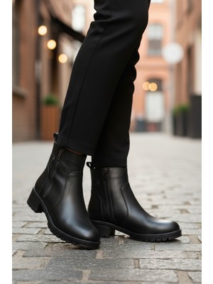 Ayakmod Premium 4663-1 Z Siyah Hakiki Deri Klasik Kadın Topuklu Bot