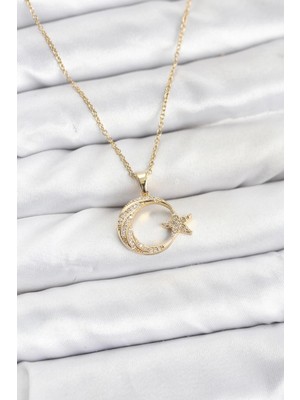 Mercansa 316L Çelik Zincir Gold Renk Ay Yıldız Model Zirkon Taşlı Kadın Kolye