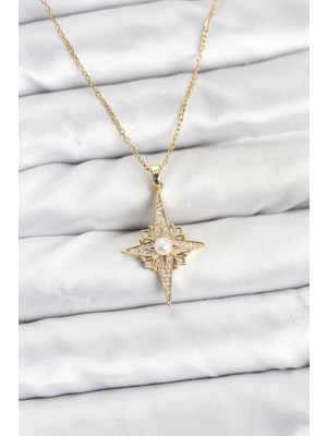 Mercansa 316L Çelik Zincir Gold Renk Kutup Yıldızı Model Zirkon Taşlı Kadın Kolye