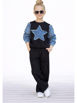 Rapapa Kız Çocuk Yıldız Detaylı Kot Balon Kollu Eşofman Takımı Alt Üst Takım 2590S