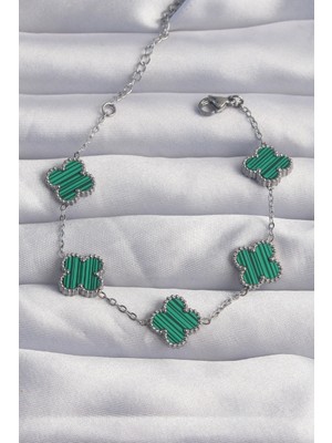 Moresun Buğz 316L Çelik Gümüş Renk Çizgili Yeşil Mineli Yonca Bileklik