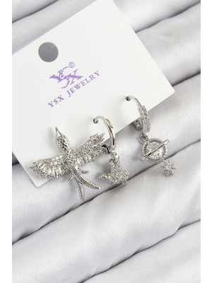 Moresun Buğz Pirinç Zirkon Taşlı 3'lü Kuş Model Gümüş Renk Kadın Küpe