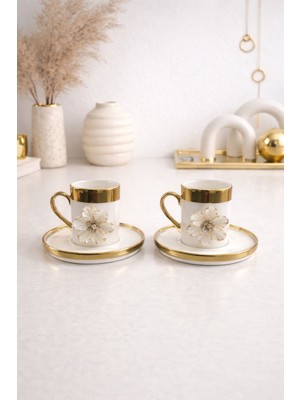 Yzhome 2 Li Gold Yaldızlı Porselen Lotus Çiçek Kahve Fincan Takımı 100ML