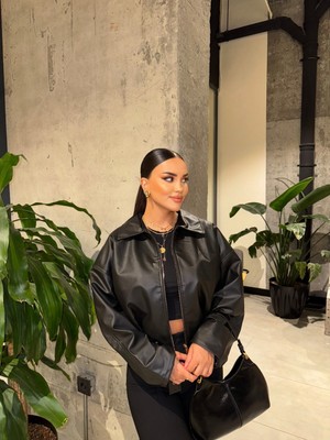 Orions Collection Siyah Kemer Detay Oversize Deri Ceket