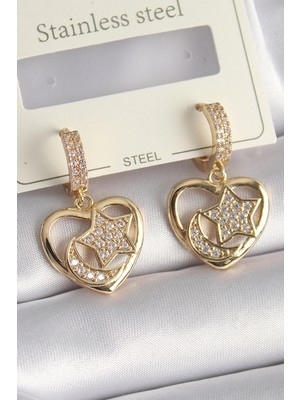 Moresun Buğz Pirinç Gold Renk Zirkon Taşlı Kalp Model Ay Yıldız Işleme Kadın Küpe
