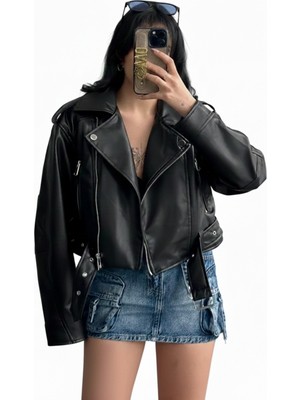 Orions Collection Yeni Sezon Oversize Kadın Siyah Kemerli Biker Deri Ceket Trend Model