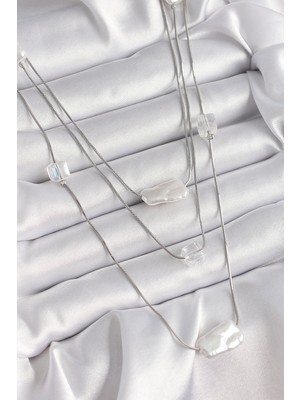 Moresun Buğz Pirinç Gümüş Renk Ezme Inci Model Çoklu Kadın Kolye