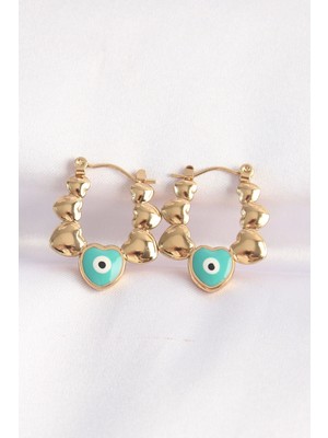 Moresun Buğz 316L Çelik Gold Renk Mavi Nazarlı Kalpli Model Küpe