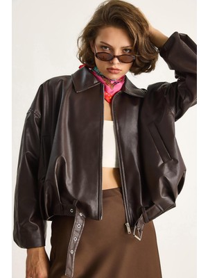 Orions Collection Yeni Sezon Trend Model Oversize Kemerli Deri Bomber Ceket