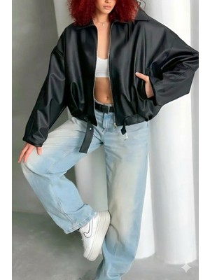 Orions Collection Kadın Oversize Bomber Ceket Suni Deri Kemerli Siyah Şık ve Fonksiyonel