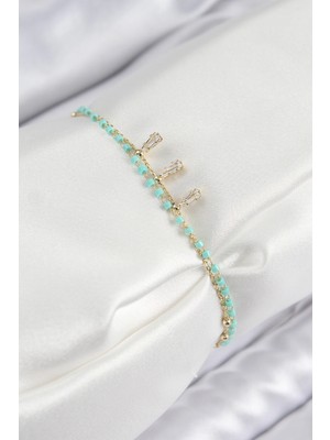 Moresun Buğz Pirinç Zirkon Taşlı Mavi Boncuklu Model Gold Renk Kadın Bileklik