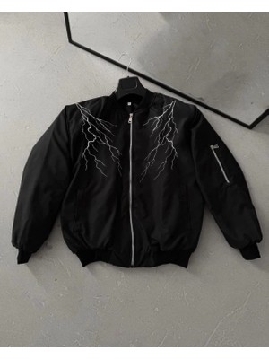 Pilelistore- Yıldırım Baskılı Uzun Kol Bomber Ceket - Siyah