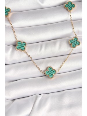 Moresun Buğz 316L Çelik Gold Renk Zincir Yeşil Yonca Model Kadın Kolye