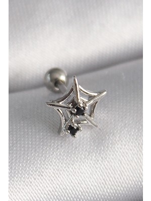 Moresun Buğz 316L Çelik Gümüş Renk Siyah Zirkon Taş Detay Örümcek Ağ Model Tragus Piercing