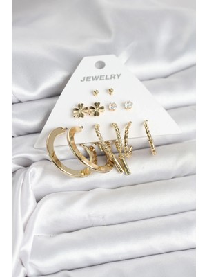 Moresun Buğz Pirinç Gold Renk 6 Çift Kadın Küpe Seti