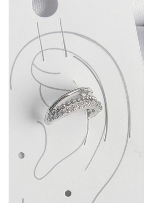 Moresun Buğz Pirinç Gümüş Renk Zirkon Taşlı 3'lü Sıralı Kadın Kıkırdak Küpe