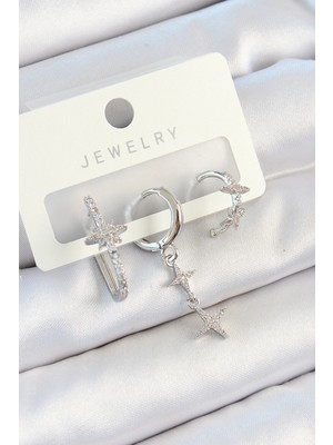 Moresun Buğz Pirinç Zirkon Taşlı Kelebek ve Sallantılı Yıldız Model Gümüş Renk 3'lü Çift Kadın Küpe Set