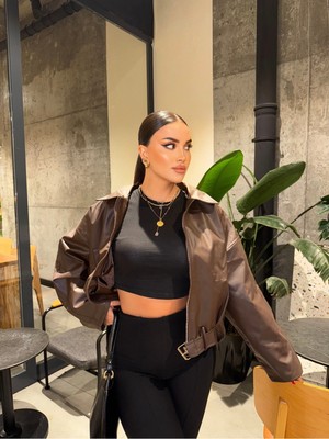 Orions Collection Kahverengi Kemer Detay Oversize Deri Ceket
