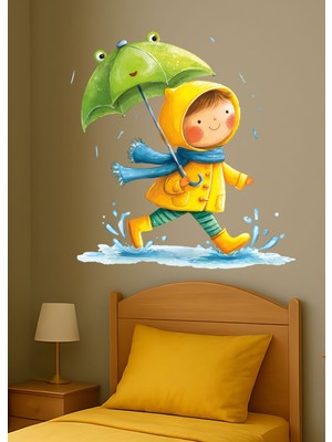 Aysha Tasarım Dekoratif Duvar Sticker – Şemsiyeli Koşan Çocuk Figürlü Yağmur Temalı Çocuk Odası Duvar Sticker