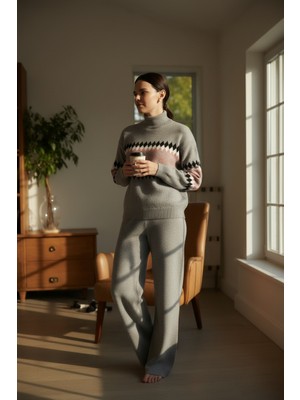 Mandala Tekstil Kadın Çok Renkli Rahat Kalıp Alt Üst Triko Takım