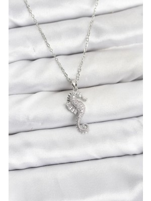 Mercansa 316L Çelik Zincir Gümüş Renk Deniz Atı Model Zirkon Taşlı Kadın Kolye