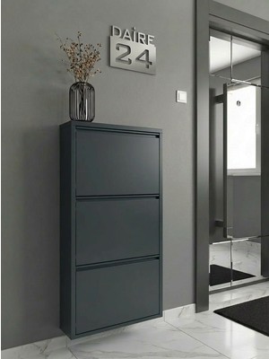 Pratico Ferrum Metal Düşer Kapak Raflı Ayakkabılık 3 Bölmeli Antrasit Ayakkabı Dolabı