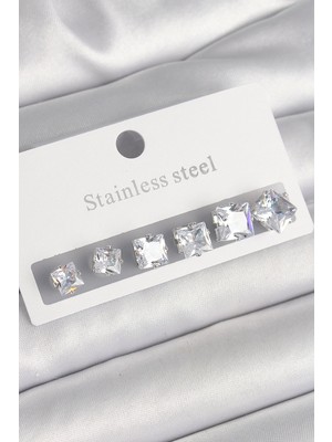 Moresun Buğz 316L Çelik Gümüş Renk Kare Zirkon Taşlı Kadın Küpe Seti