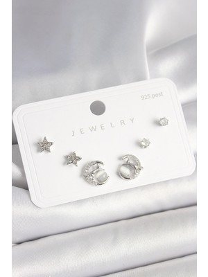 Moresun Buğz 925 Ayar Gümüş Çivi Zirkon Taşlı Hilal Yıldız Model Kadın Küpe Seti