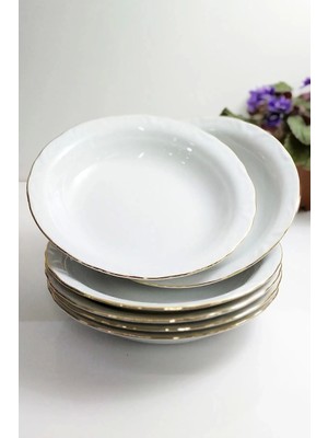 PremiumPort 6'lı Porselen Çukur Tabak Takımı, 19 Cm, Zarif Altın Yaldız Detaylı